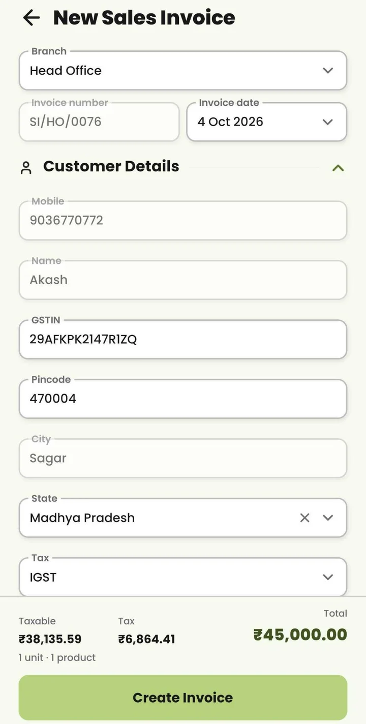 MyDukan Sales invoice screen